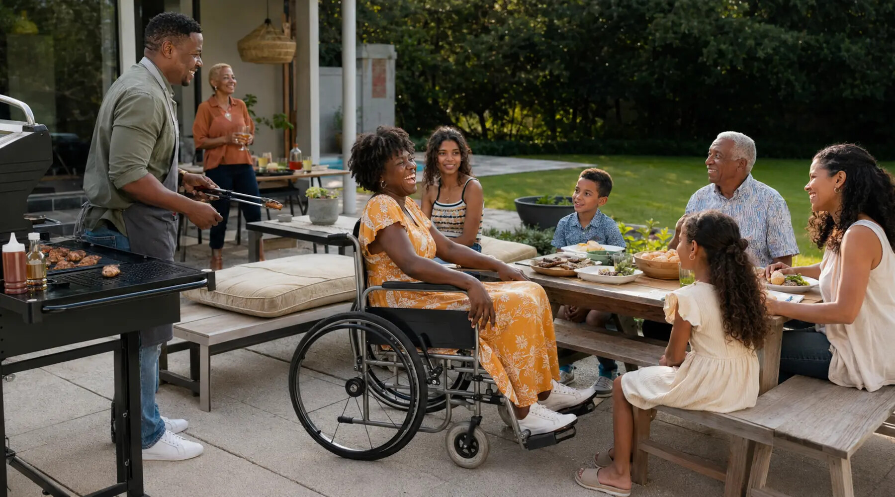 Family enjoying an accessible barbecue with a wheelchair user