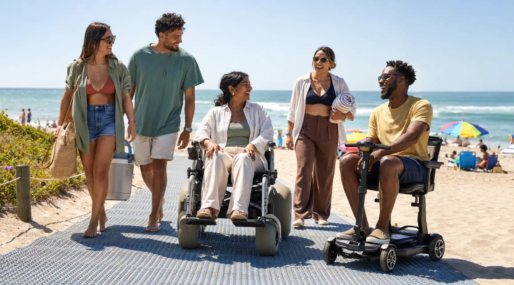 Friends enjoying an accessible beach with a wheelchair and mobility scooter
