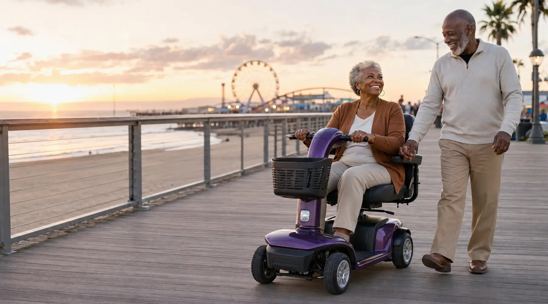 Older couple enjoying a seaside boardwalk with an electric mobility scooter