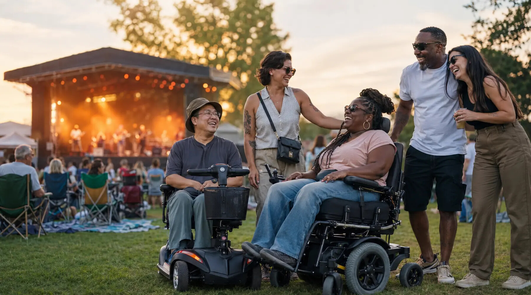 Diverse friends using wheelchairs and mobility scooters enjoying an outdoor concert