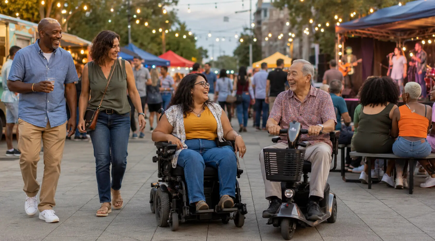 Diverse adults using wheelchairs and mobility scooters enjoying a community festival